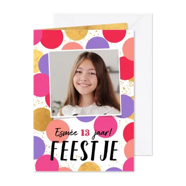 Uitnodiging feestje tienermeisje goud foto confetti
